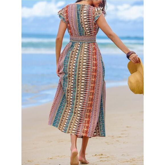 CUPSHE Maxi Dress V Neck Boho Flutter Sleeve Smocked Slit A Line - NWT - Sz L - Picture 2 of 5